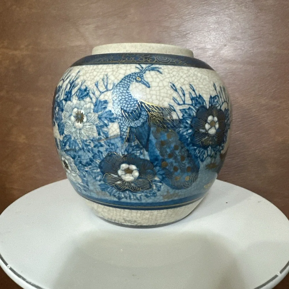 Vintage Kutani Ginger Jar Floral with Peacock No Lid 5